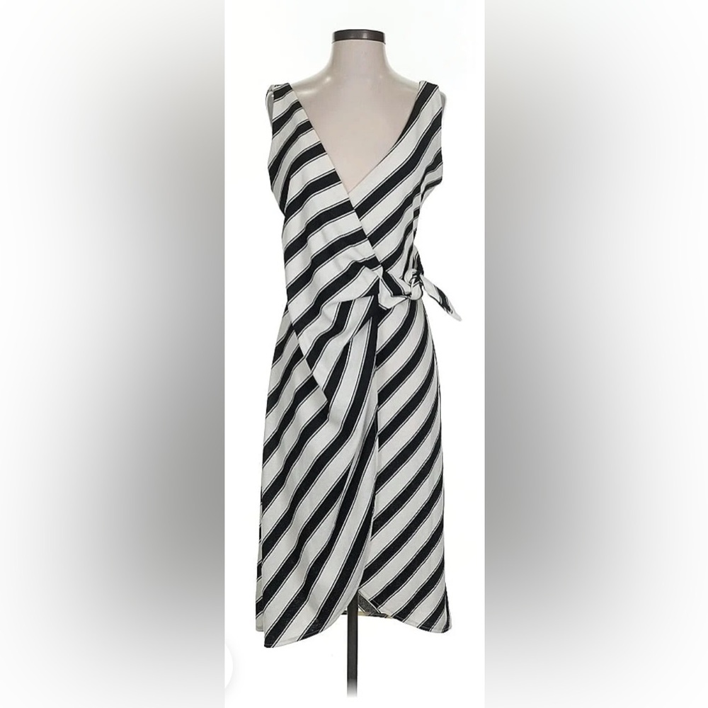 H&M Sleeveless, v-neck, wrap silhouette, striped black and white, knee length